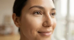 Close-up portrait of a model showing smooth makeup application using the best under eye concealer that doesn't crease.
