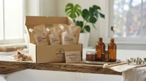 A conceptual illustration showing recurring monthly delivery of eco-friendly skincare refills.