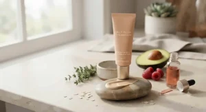 A tube of tinted moisturizer style foundation with SPF for daily wear next to fresh skincare ingredients.