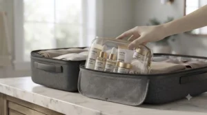 A traveler's hand placing a TSA approved skincare set neatly into the side pocket of a carry-on suitcase.