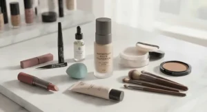 A flat lay of makeup essentials including waterproof matte foundation for oily skin and setting powder.