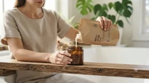 A person carefully pouring a skincare refill into a reusable glass moisturizer container.