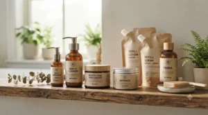A bathroom shelf styled with various eco-friendly refillable skincare bottles and jars.