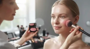 A makeup artist applying a natural rosy blush to a model with fair skin.