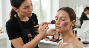 Professional makeup artist applying long-wear blush for oily skin