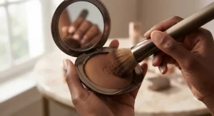A makeup brush picking up rich bronzing powder for deep skin tones from a compact mirror case.
