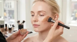 Makeup artist applying cream bronzer for fair skin along the cheekbone for a natural glow