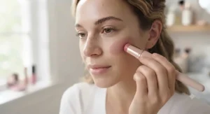 A person lightly dabbing stick blush over their liquid foundation for a flawless base