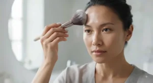 Makeup brush sweeping translucent powder for oily skin across the forehead.