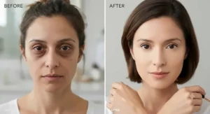 Before and after comparison of a woman wearing brightening concealer for dark circles to illuminate tired eyes.