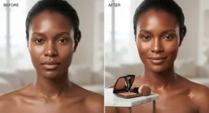 Before and after comparison of a model applying bronzing powder for deep skin tones for a sun-kissed glow.