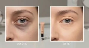 Before and after comparison of under-eye dark circles corrected with a peach concealer
