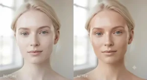 Before and after comparison of a model wearing cream bronzer for fair skin to add warmth