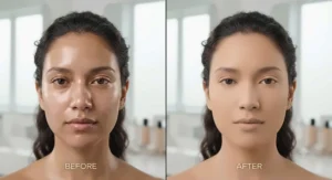 Before and after comparison of shine reduction using loose powder for oily skin.