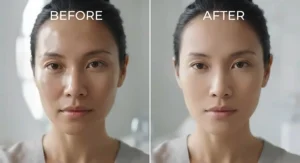 Comparison showing shine reduction after applying translucent powder for oily skin on the T-zone.