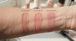 Swatches of liquid, cream, and powder blushes highlighting hydration levels