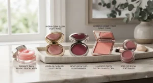 A selection of moisturizing cream blush compacts designed for hydration on mature skin