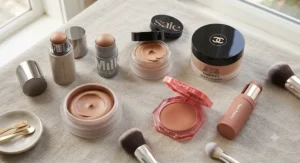 Flat lay arrangement of top rated cream bronzer for fair skin products on a neutral background
