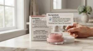 Product label detail highlighting nourishing ingredients like hyaluronic acid in cream blush for mature skin