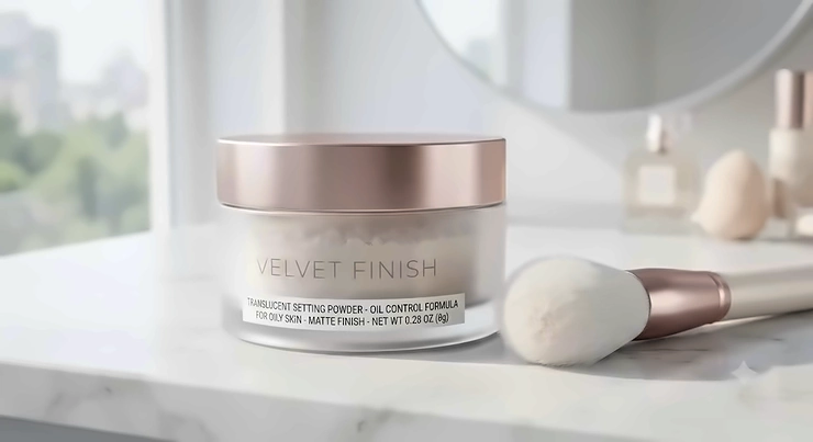 A sleek container of translucent setting powder for oily skin displayed on a clean marble surface.