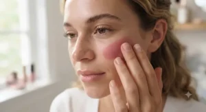 Close-up of a person blending cream stick blush using their fingertips for a natural finish