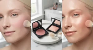 A side-by-side comparison of different blush finishes on fair skin, including matte and shimmer.