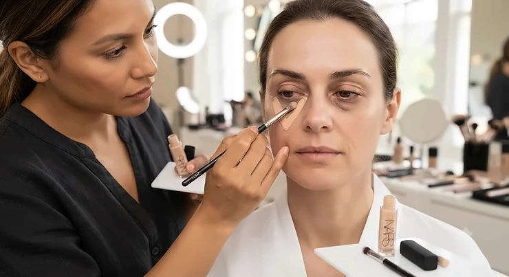 A makeup artist demonstrating how to apply brightening concealer for dark circles under the eyes.