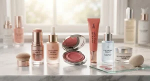 A variety of makeup products featuring moisturizing cream blushes for dry skin