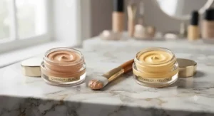 Peach and yellow color-correcting brightening concealer for dark circles next to an applicator brush.
