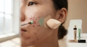 Green color corrector layered underneath a full coverage concealer for acne scars to neutralize redness.