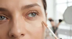 Layering a color correcting concealer for dark circles underneath liquid concealer for a seamless finish