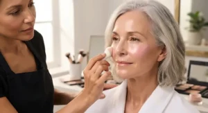 Close-up of a makeup artist blending cream blush into the cheekbones to lift mature skin