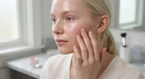 A person blending a sheer cream blush onto the cheeks for a dewy look on fair skin.