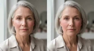 Comparison showing cream blush finish versus powder blush on textured mature skin