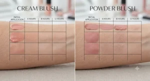 Wear-test comparison chart of cream blush versus powder blush on dry skin