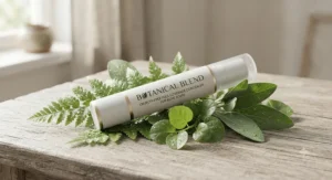 A cruelty-free full coverage concealer for acne scars tube resting on fresh green botanical leaves.