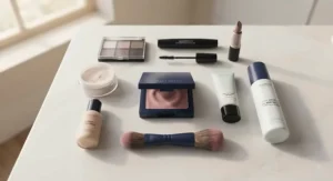 Flat lay of essential makeup items for an oily skin routine, centered around a reliable powder blush.
