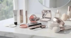 A complete makeup flat lay featuring oil-controlling setting powder as the final step in a daily routine.
