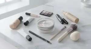 Flat lay of daily makeup essentials featuring translucent powder for oily skin alongside foundation and brushes.