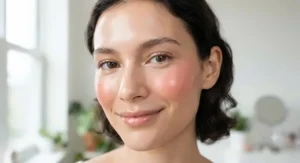 Close-up of a fresh-faced woman wearing liquid blush for a natural flush and glowing skin