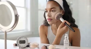 Using a fluffy makeup brush to dust away excess translucent powder from the face