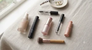 A flat lay of minimal makeup products for beginners, featuring a pink stick blush in the center