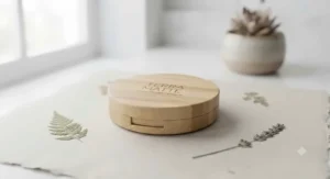 Sustainable bamboo packaging for vegan pressed powder for oily skin against a neutral background.