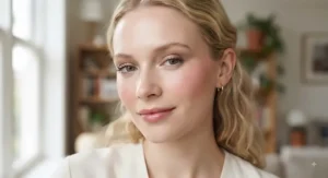 A subtle, everyday makeup look featuring a soft, natural blush shade on fair skin.