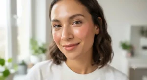 Minimalist everyday makeup look featuring lightweight liquid blush for a natural flush finish
