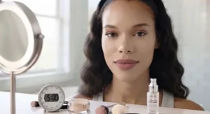 Close up of a smooth, matte makeup look achieved by baking the face with translucent powder