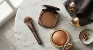 Flat lay arrangement featuring bronzing powder for deep skin tones alongside a blending brush and highlighter.