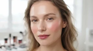 Model with a healthy, glowing complexion wearing cream blush for dry skin