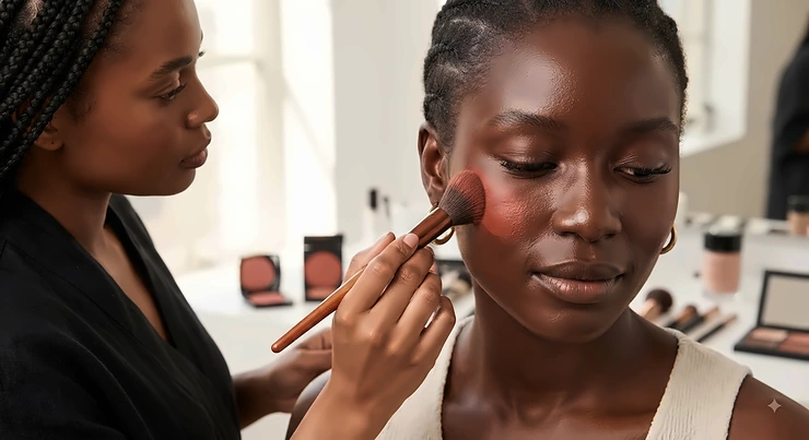 A close-up of a makeup artist applying a rich terracotta blush to the cheekbone of a model with a deep skin tone.