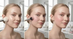 Step-by-step guide showing where to place blush on fair skin for a natural glow.